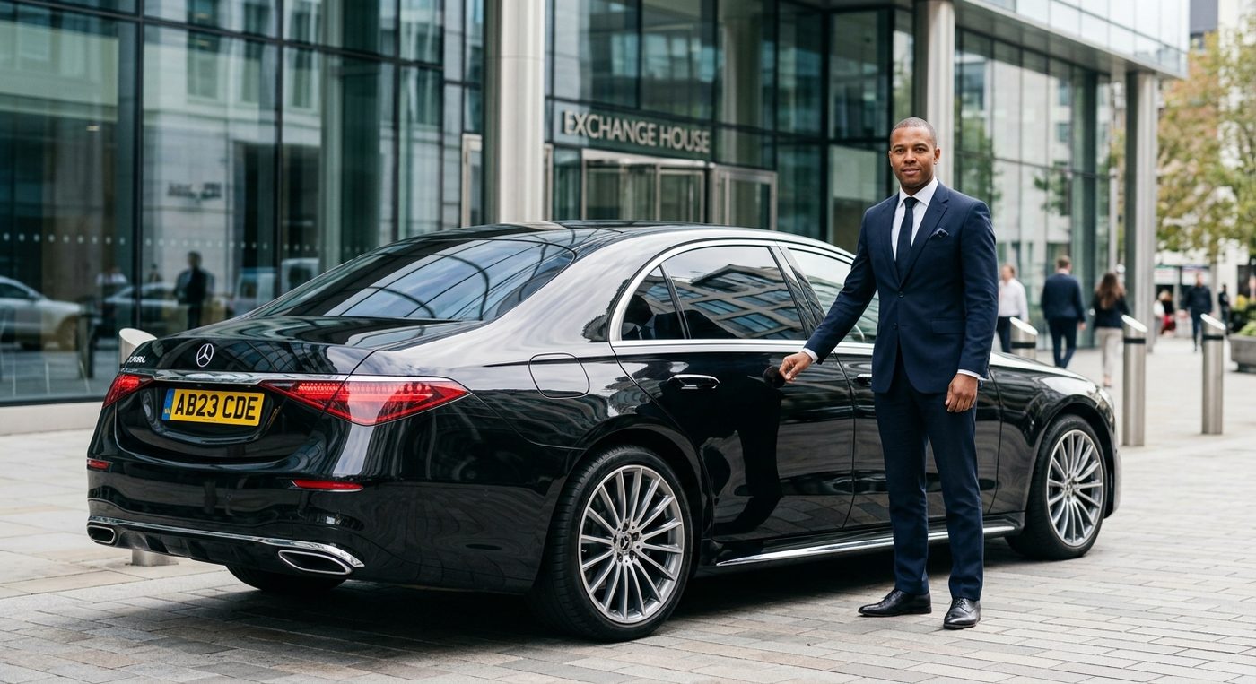 Professional chauffeur beside a black Mercedes S-Class outside a UK office